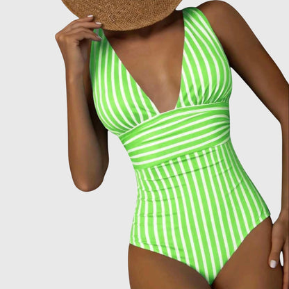 Maillot de bain une pièce vert rayé à décolleté plongeant