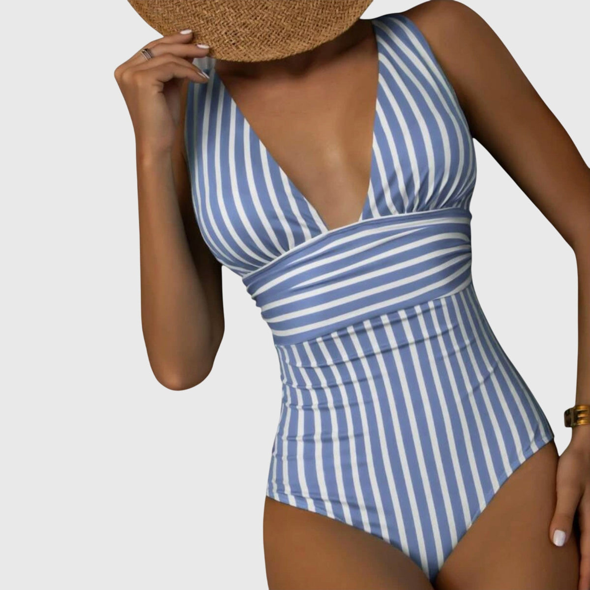 Maillot de bain une pièce bleu rayé à décolleté plongeant