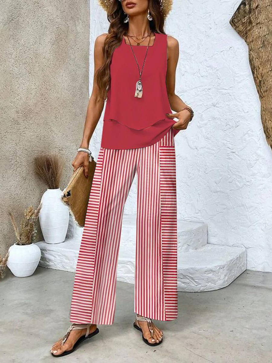 Ensemble estival rouge : débardeur à volants et pantalon large à rayures rouges et blanches