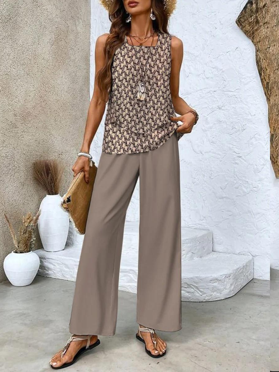 Ensemble estival beige : haut à motif et pantalon large assorti ton taupe