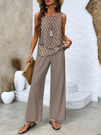 Ensemble estival beige : haut à motif et pantalon large assorti ton taupe
