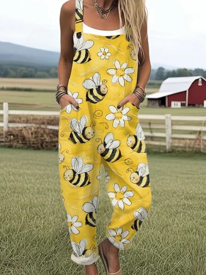 Combinaison sans manches jaune à motifs d’abeilles et fleurs