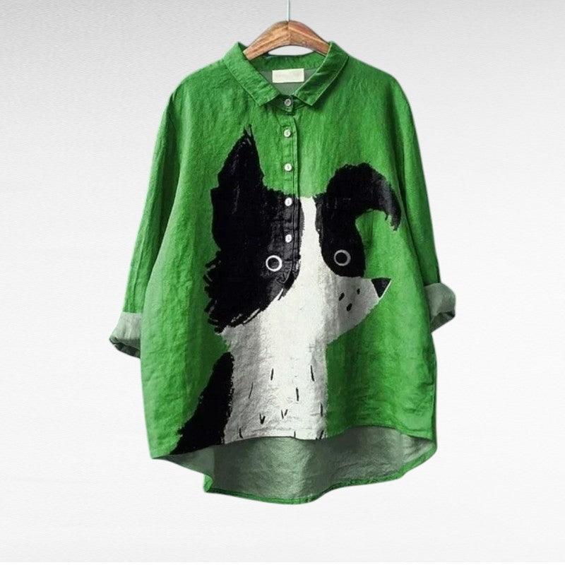 Chemisier en lin vert à motif chat noir et blanc, col chemise boutonné, manches 3/4