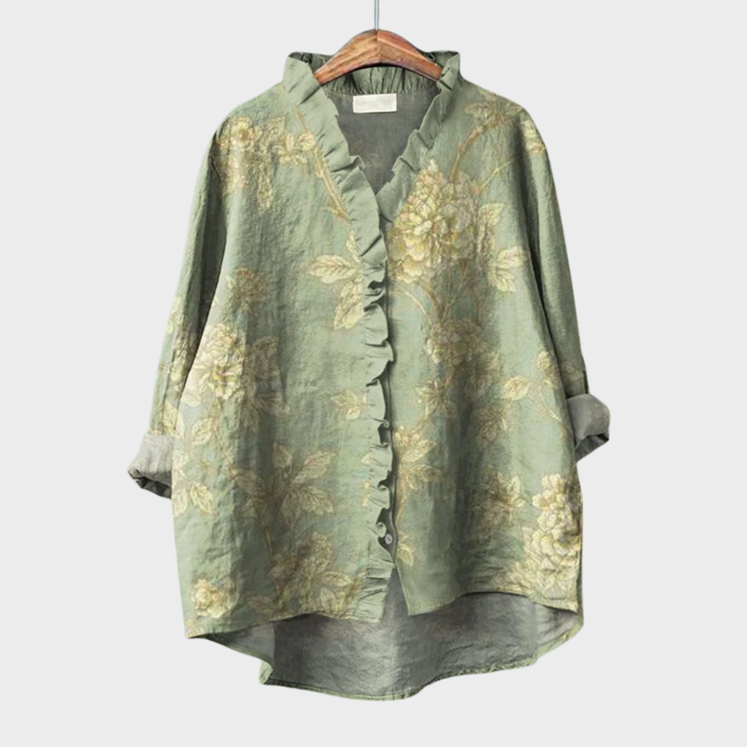 Chemisier en lin vert imprimé floral, encolure en V, boutons et volants