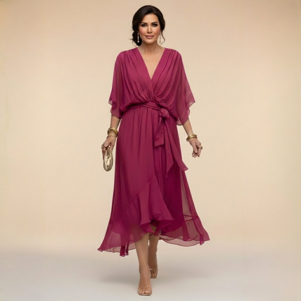 Robe mousseline rose fuchsia en V, ceinture nouée, manches chauve-souris, mi-longue