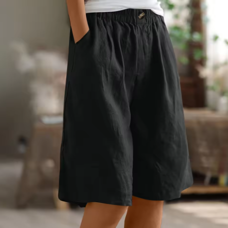 Short en coton noir, taille élastique et bouton
