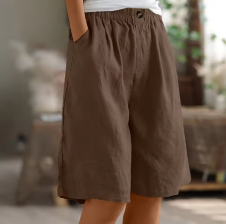 Short en coton marron foncé, taille élastique à bouton, coupe ample