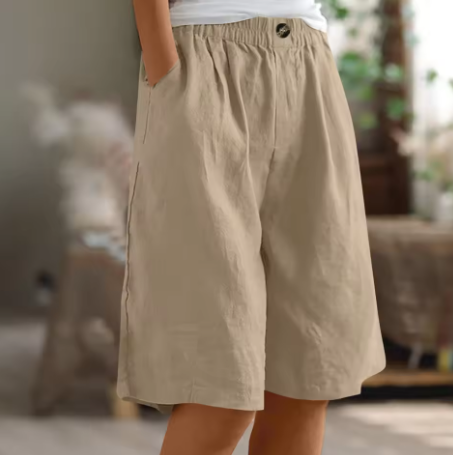 Short en coton kaki clair, taille élastique, coupe ample, bouton devant