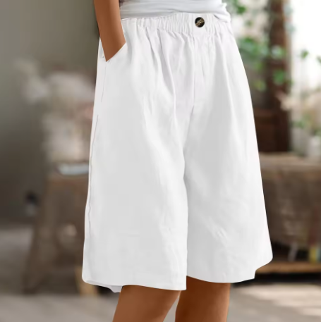 Short en coton blanc, taille élastique avec bouton, coupe ample mi-mollet