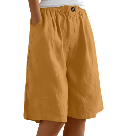 Short en coton ocre, taille élastique avec bouton, coupe ample mi-mollet