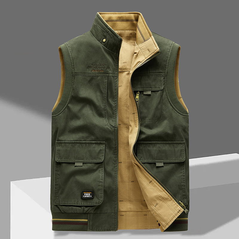 Gilet sans manches homme vert kaki, doublure beige, poches plaquées et zip