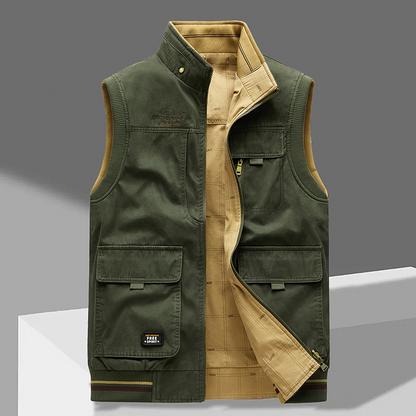Gilet sans manches homme vert kaki, doublure beige, poches plaquées et zip