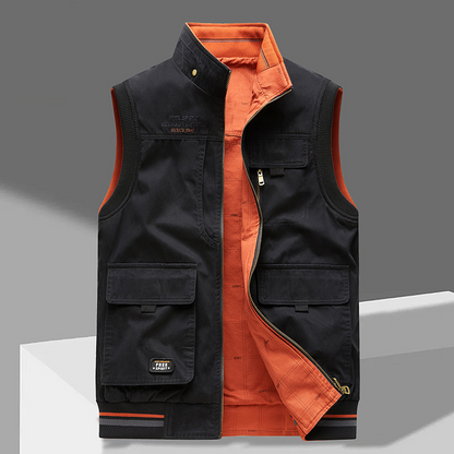 Gilet sans manches homme noir, doublure orange, poches à rabat et zip central
