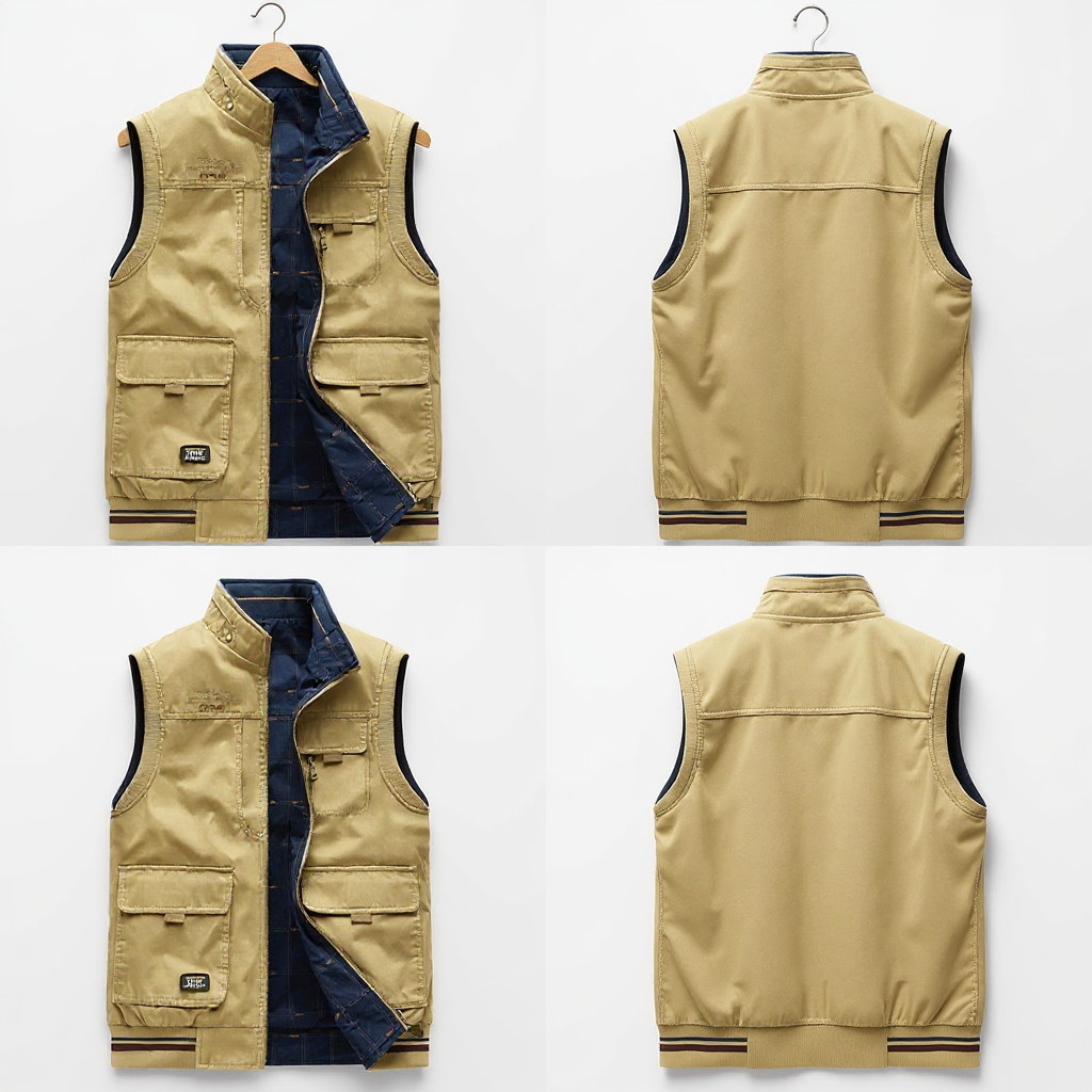 Gilet sans manches homme beige, doublure bleu marine, vues de face et de dos