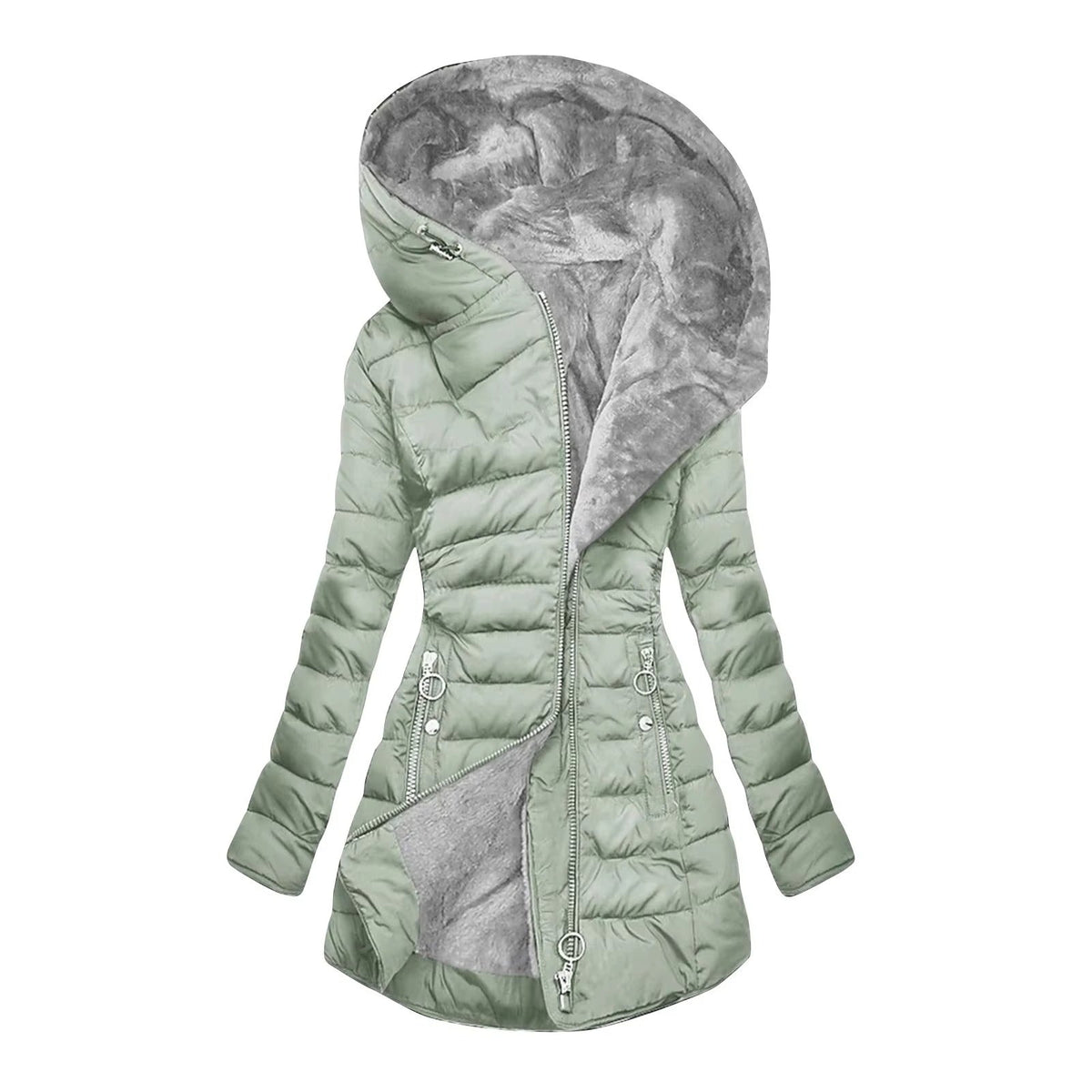 Manteau d’hiver matelassé vert clair à capuche doublée grise, fermeture zippée, poches zippées