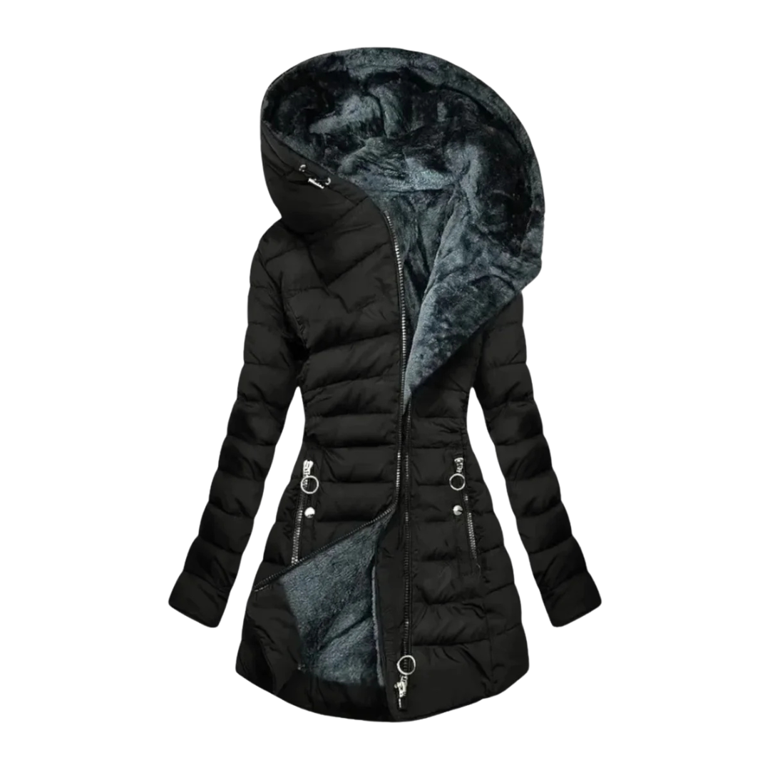 Manteau d’hiver matelassé noir à capuche doublée noire, fermeture zippée, poches zippées