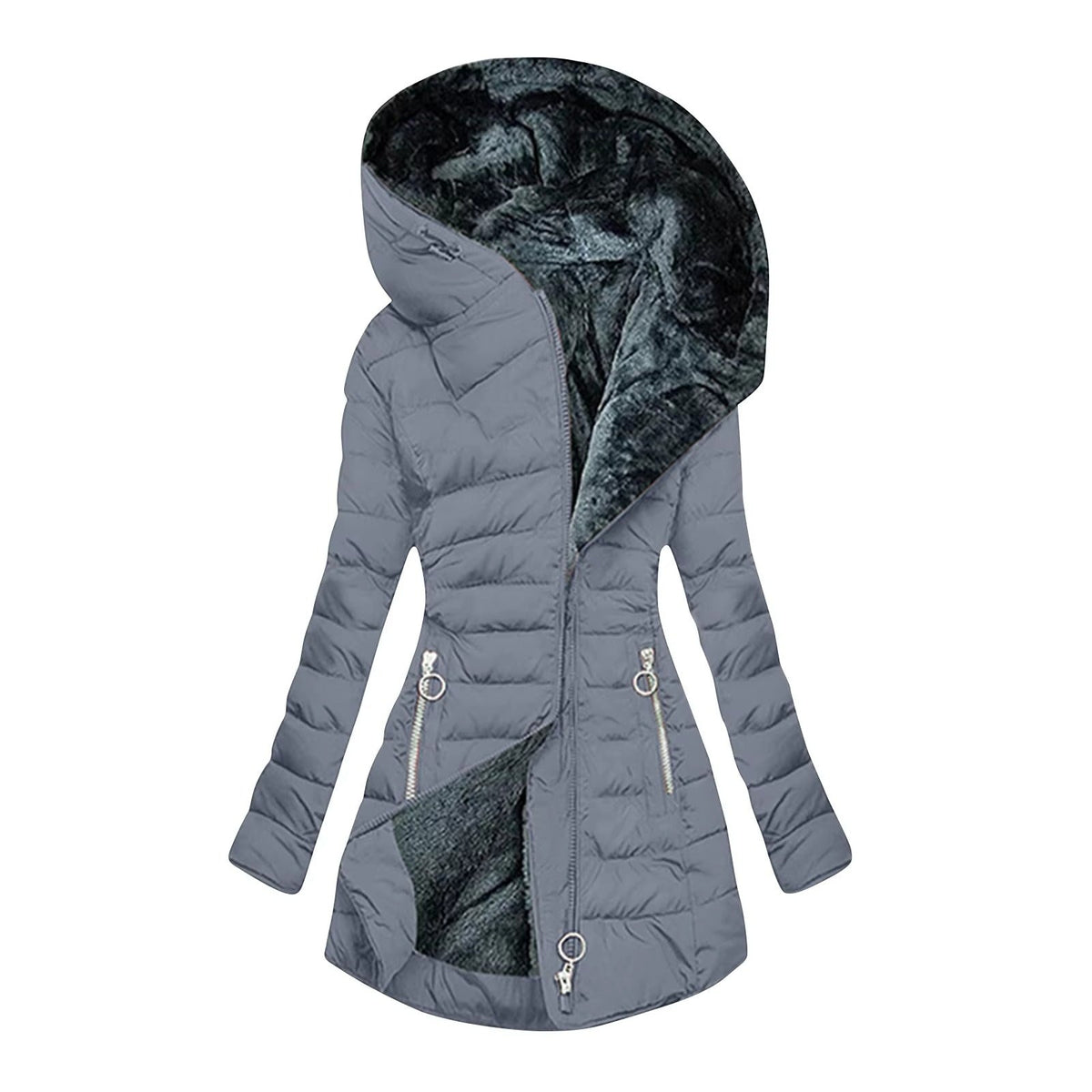 Manteau d’hiver matelassé bleu foncé à capuche doublée noire, fermeture zippée, poches zippées