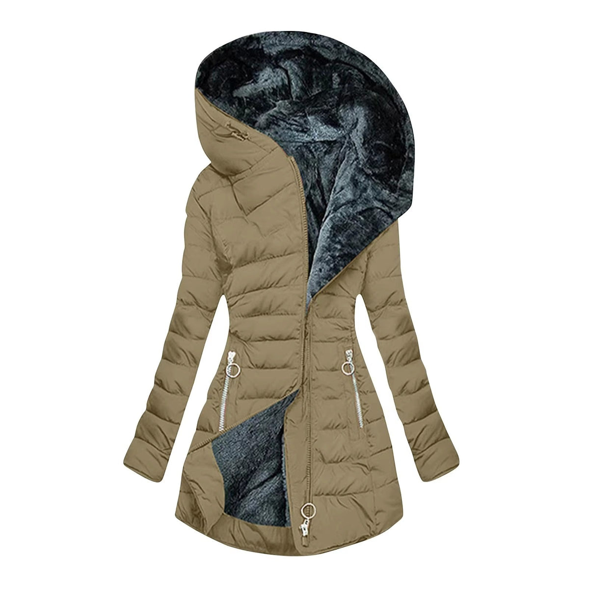Manteau d’hiver matelassé camel à capuche doublée noire, fermeture zippée, poches zippées