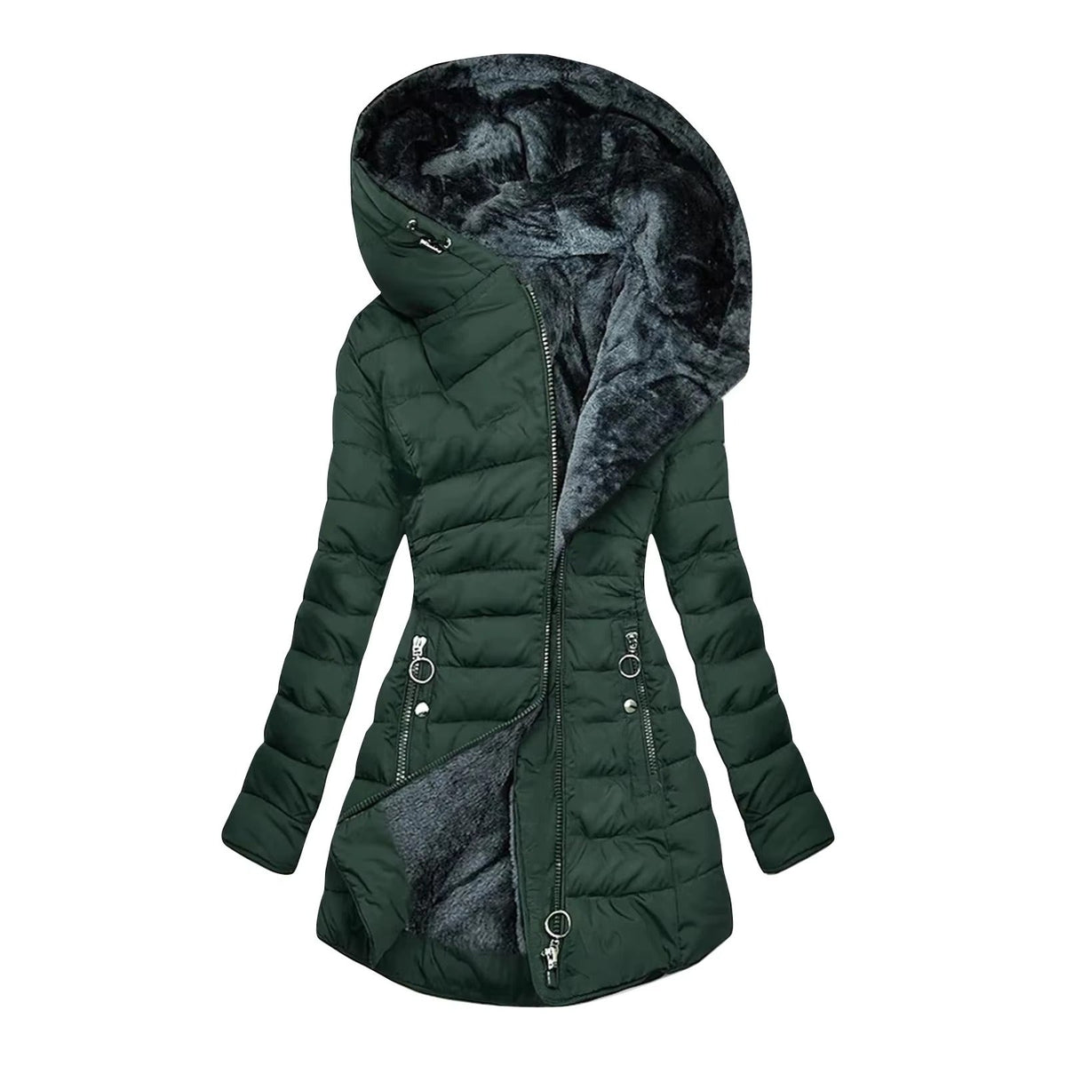 Manteau d’hiver matelassé vert foncé à capuche doublée noire, fermeture zippée, poches zippées