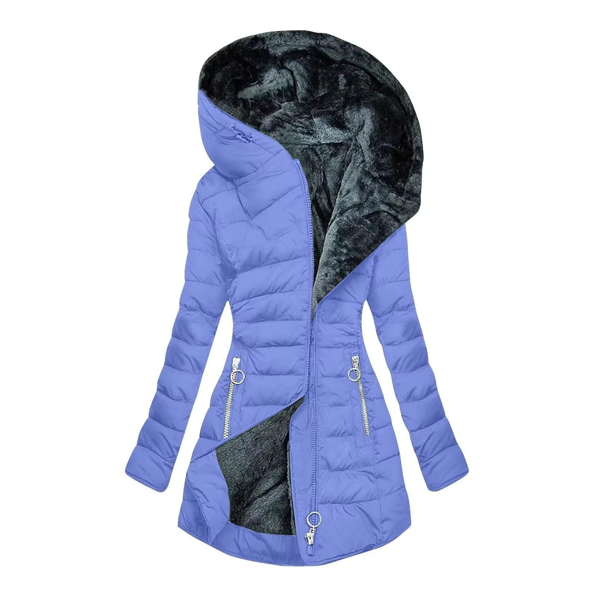 Manteau d’hiver matelassé violet clair à capuche doublée noire, fermeture zippée, poches zippées