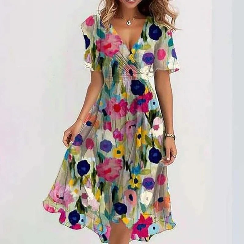Robe mi-courte à fleurs multicolores, décolleté en V, manches courtes volantées