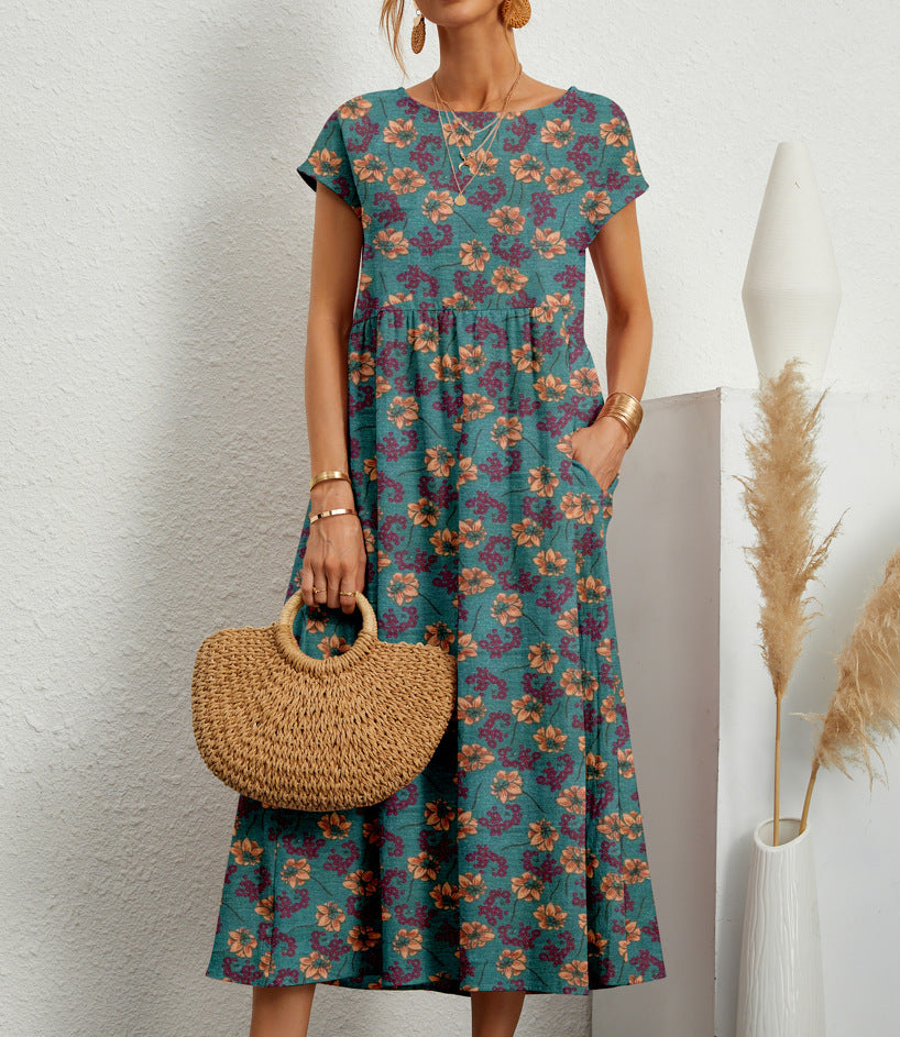 Robe florale à manches courtes bleu-vert, imprimé fleurs colorées, coupe évasée