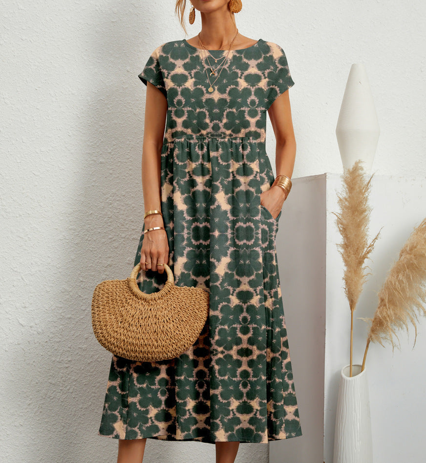 Robe midi à manches courtes et encolure ronde, imprimé floral vert foncé