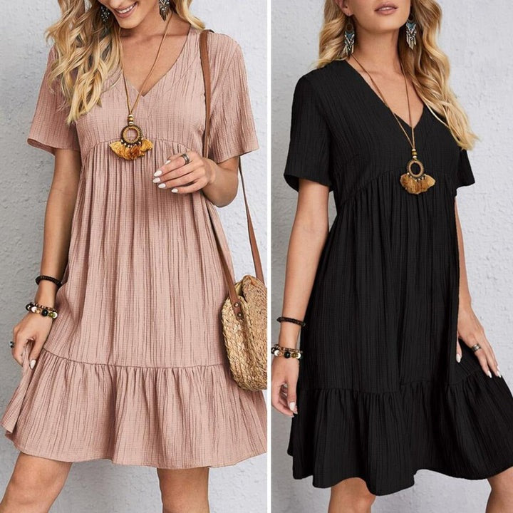 Robe courte ample à encolure V, manches courtes, volants, rose et noire