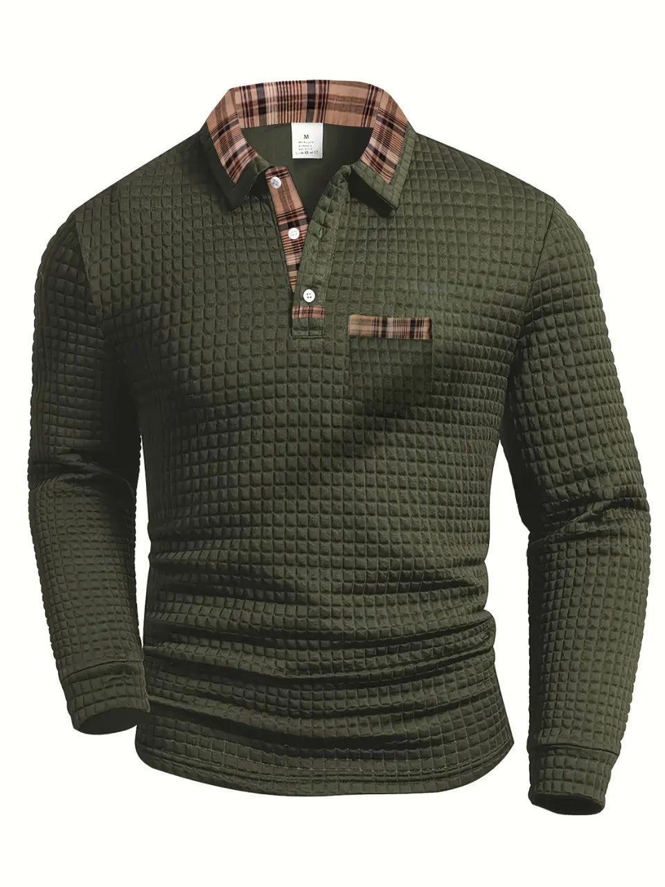 Pull maille texturée vert foncé, col chemise à carreaux, poche poitrine, manches longues