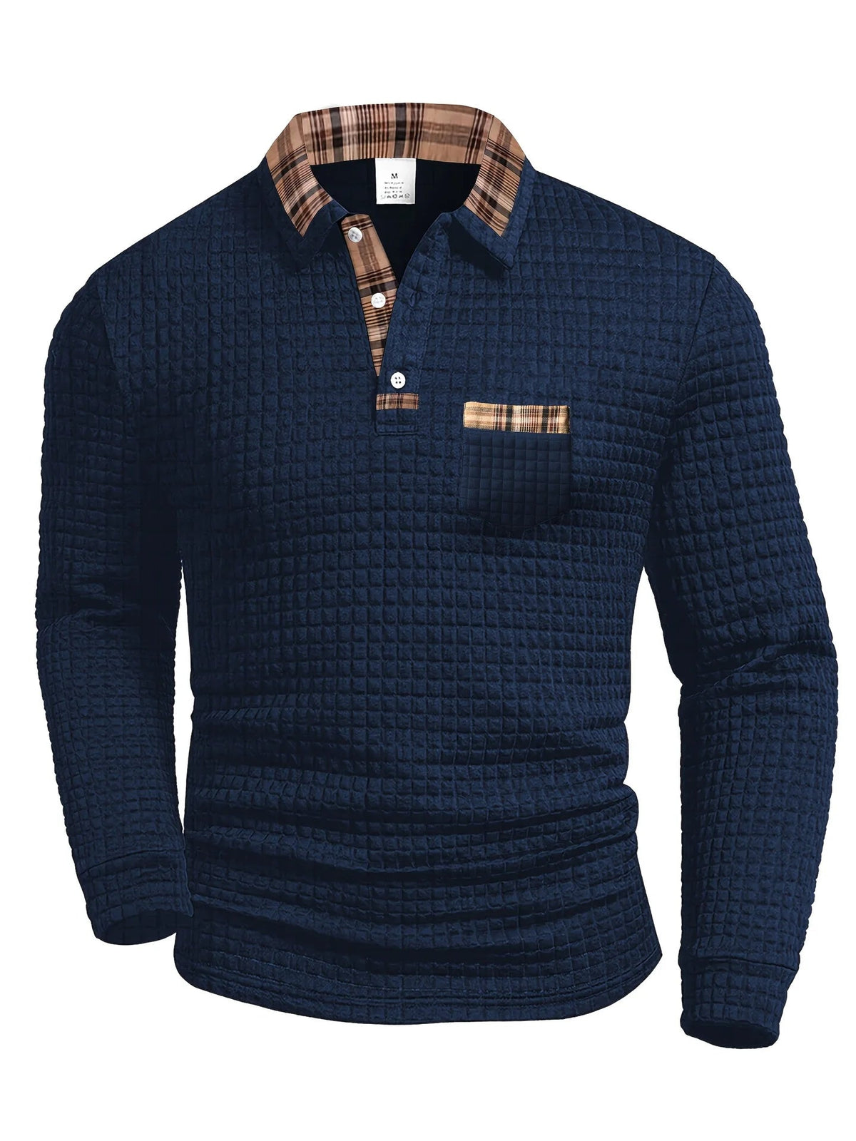 Pull maille texturée bleu, col chemise à carreaux, poche poitrine, boutons, manches longues