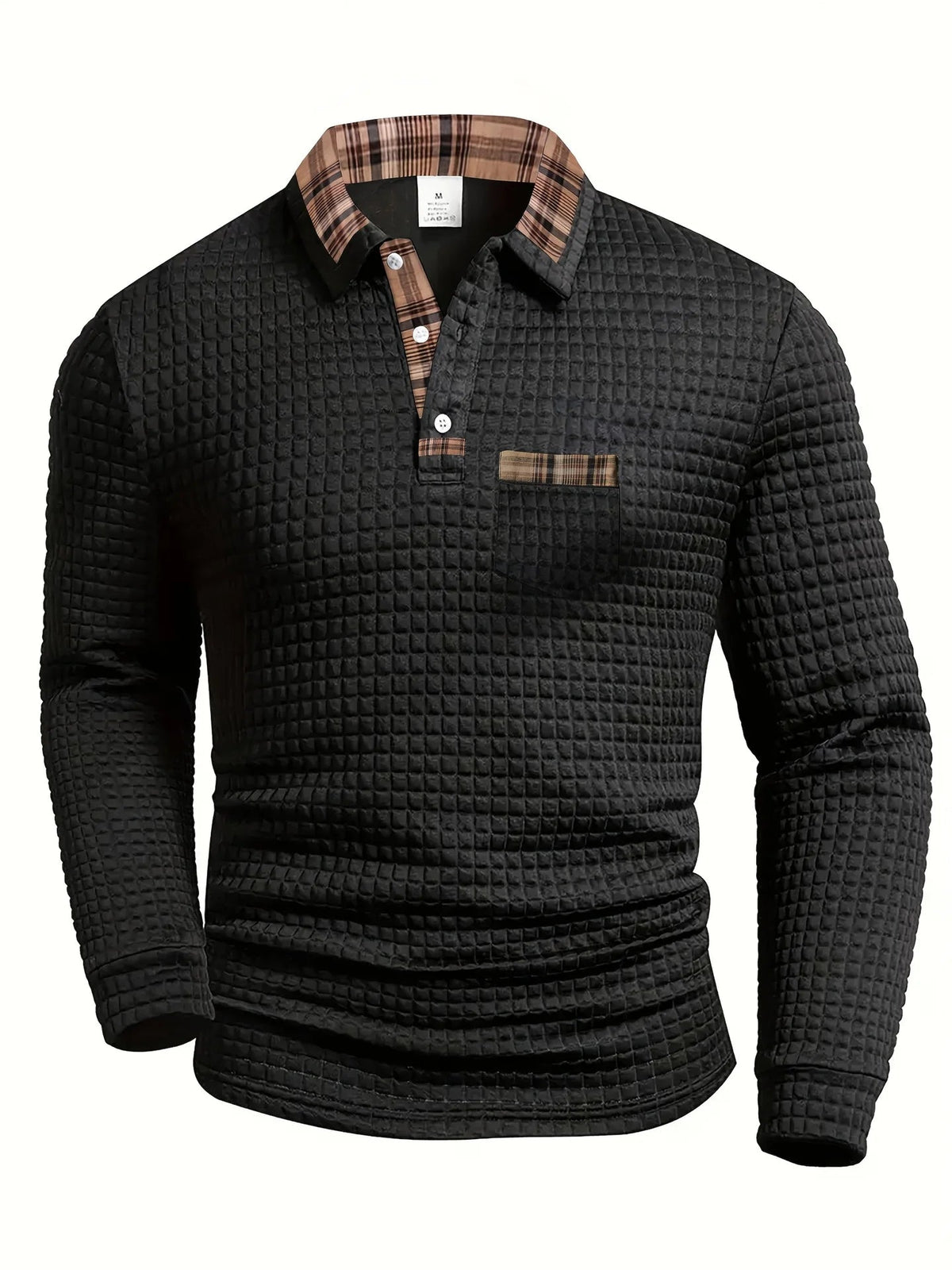 Pull maille texturée noir, col chemise à carreaux, poche poitrine, boutons, manches longues