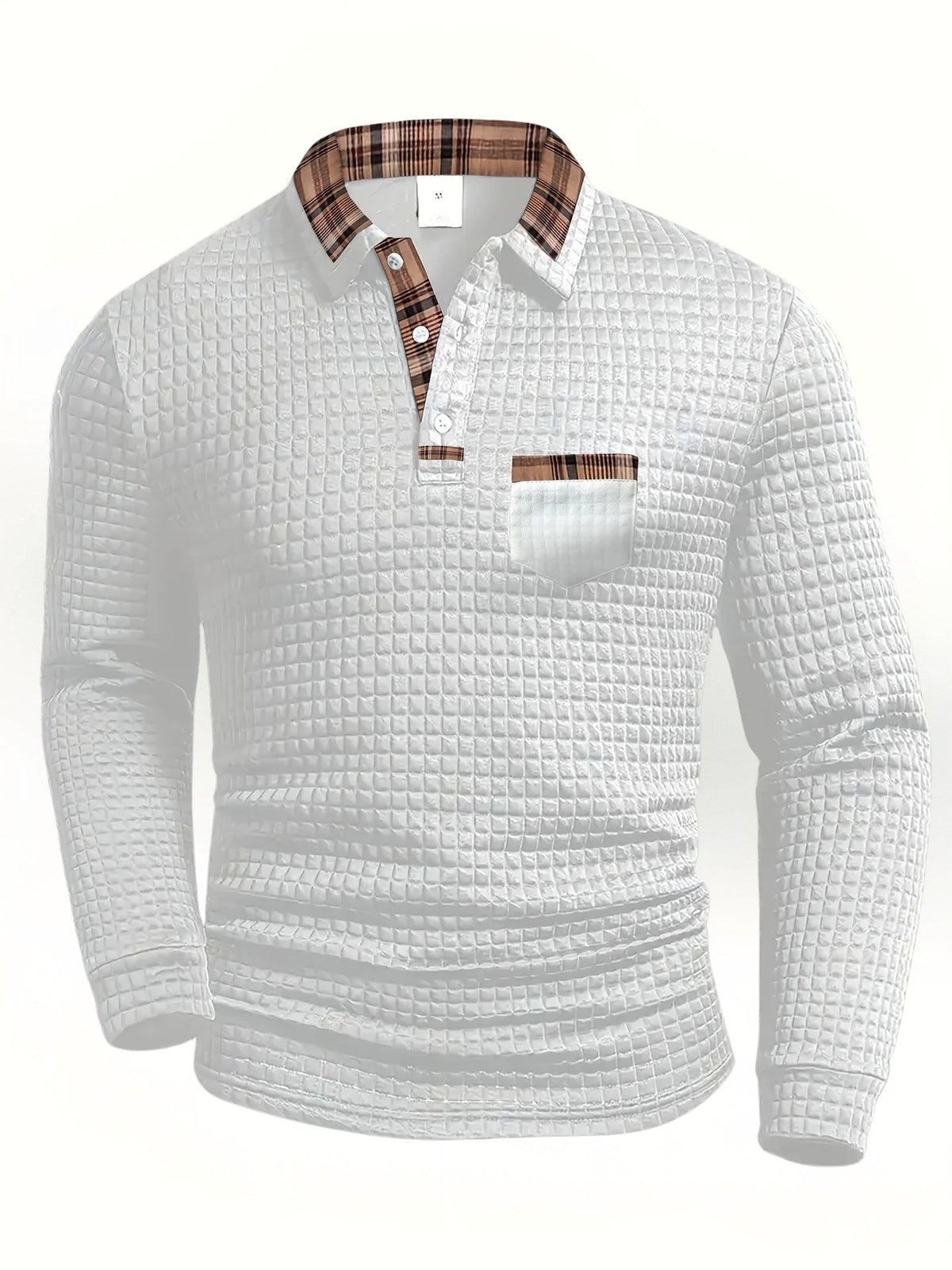 Pull maille texturée blanc, col chemise à carreaux, poche poitrine, boutons, manches longues