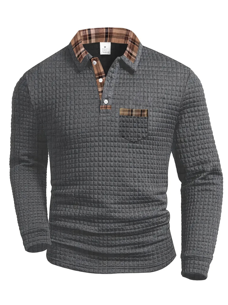 Pull maille texturée gris foncé, col chemise à carreaux, poche poitrine, manches longues
