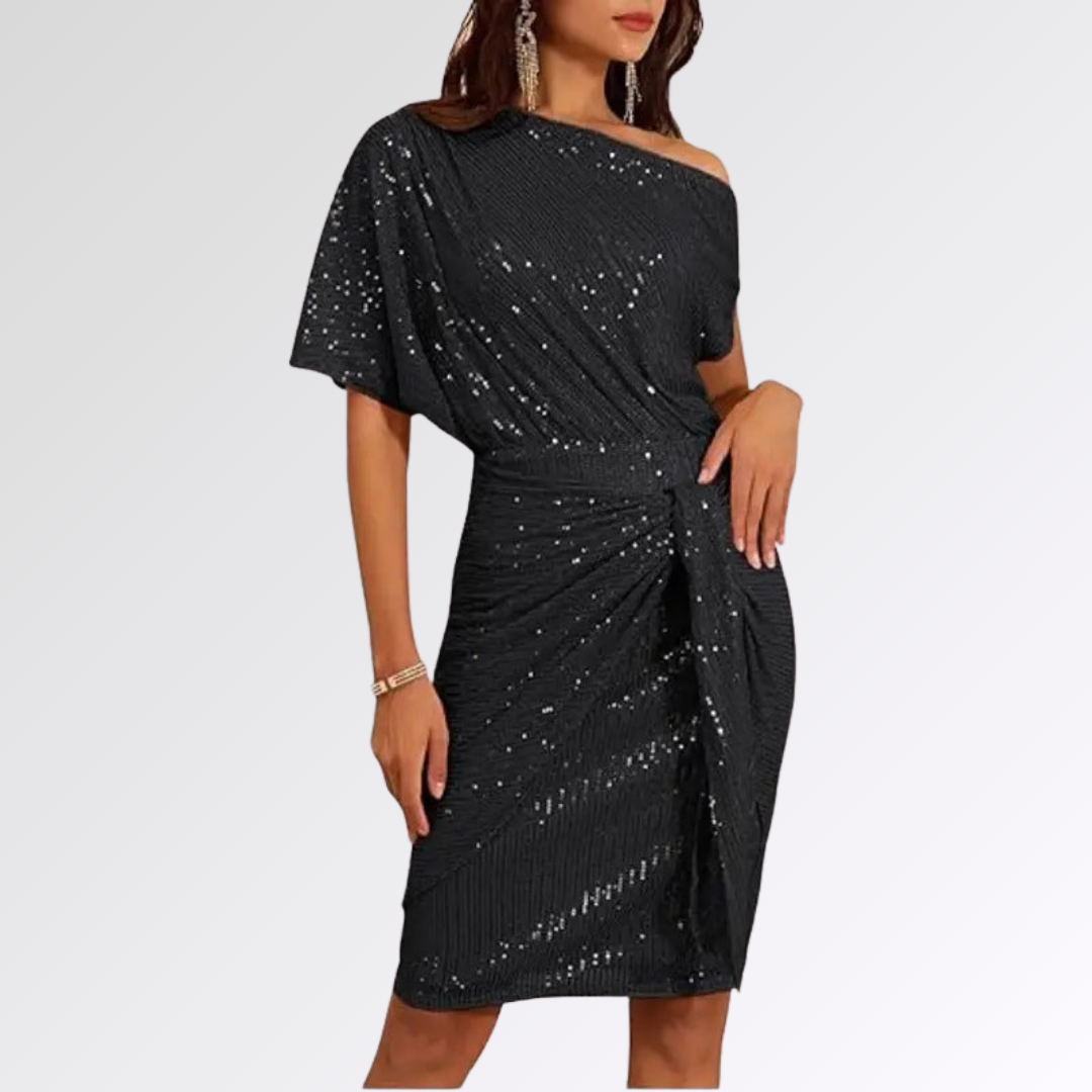 Robe asymétrique scintillante noire, une épaule, drapé noué, manches courtes.