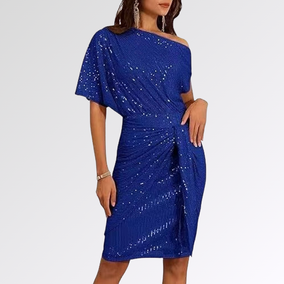 Robe asymétrique scintillante bleue, une épaule, drapé avec nœud latéral.