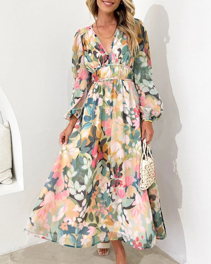 Robe bohème élégante multicolore à fleurs, col en V, manches longues bouffantes, ceinture