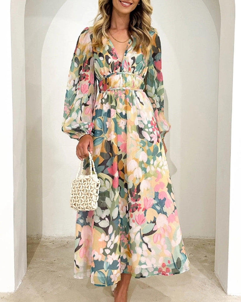 Robe bohème élégante multicolore à fleurs, col en V, manches bouffantes, ceinture à la taille