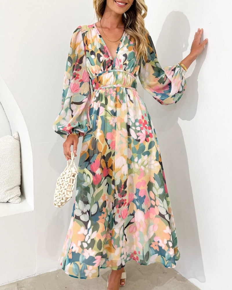Robe bohème élégante multicolore à fleurs, col en V, manches évasées, ceinture