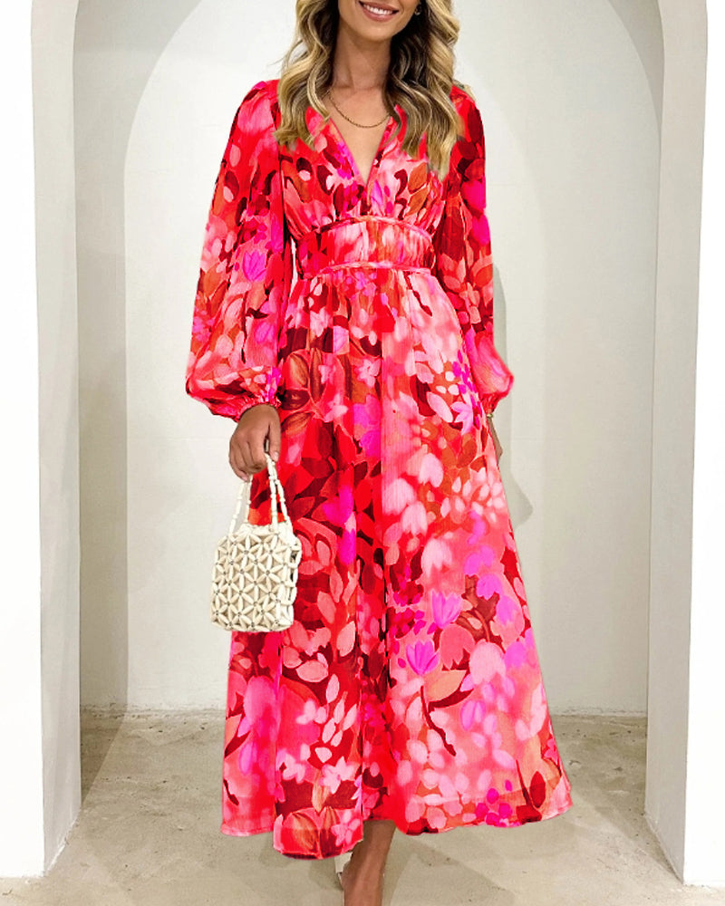 Robe bohème élégante rouge à fleurs, encolure V, manches longues bouffantes, ceinture