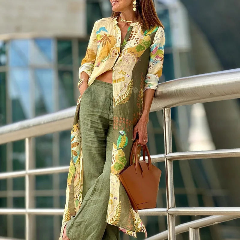 Ensemble en lin : tunique longue motifs multicolores et pantalon vert