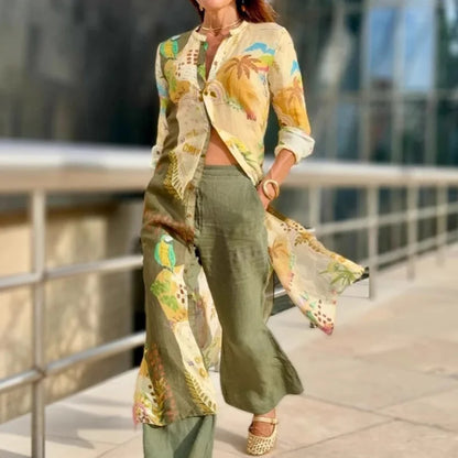 Ensemble en lin : tunique longue boutonnée motifs tropicaux, pantalon vert