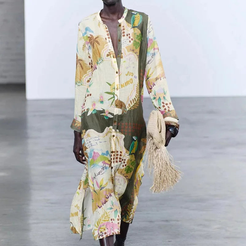 Ensemble en lin à tunique boutonnée motifs colorés et pantalon vert, avec franges