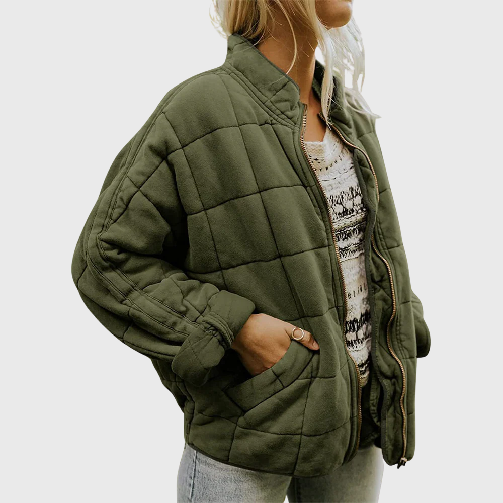 Veste matelassée oversize vert foncé, col zippé, poche poitrine, manches bouffantes