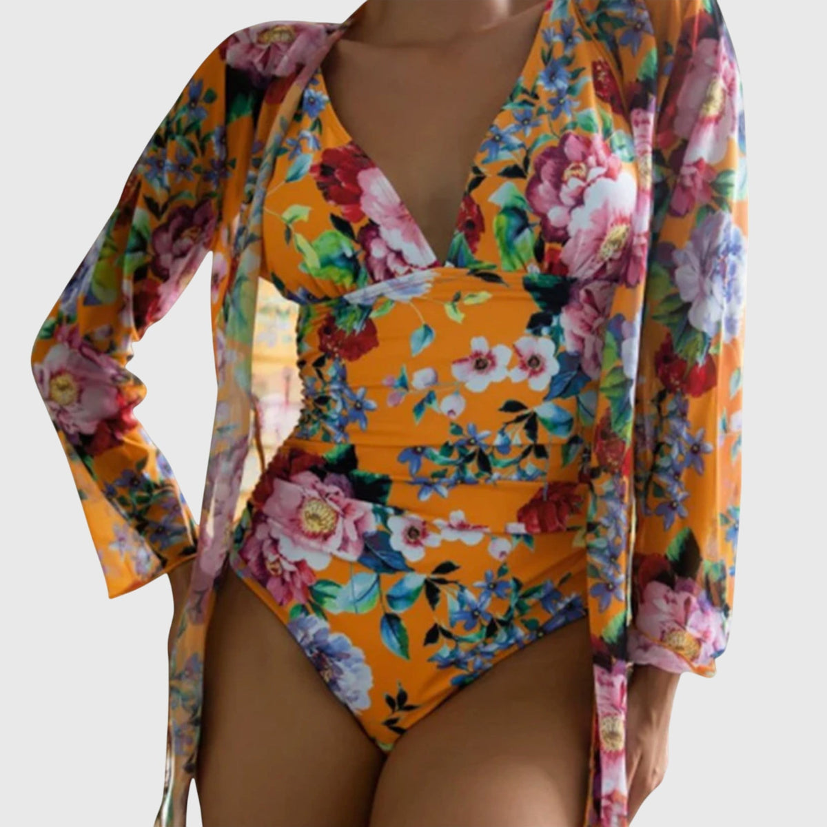 Ensemble de maillot de bain d’été orange fleuri, haut triangle décolleté, paréo
