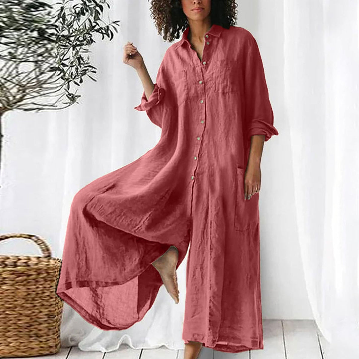 Combinaison longue en lin rose, col chemise et patte de boutonnage, manches amples