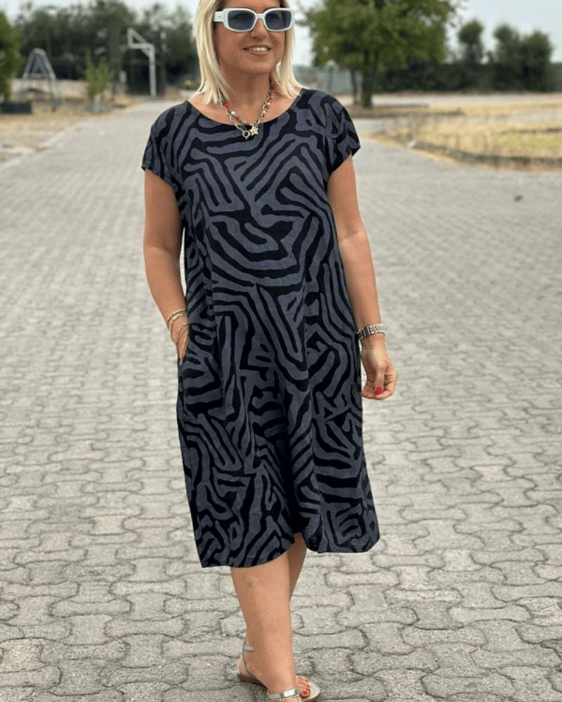 Robe d'été à col rond, manches courtes, imprimé zébré noir et bleu marine