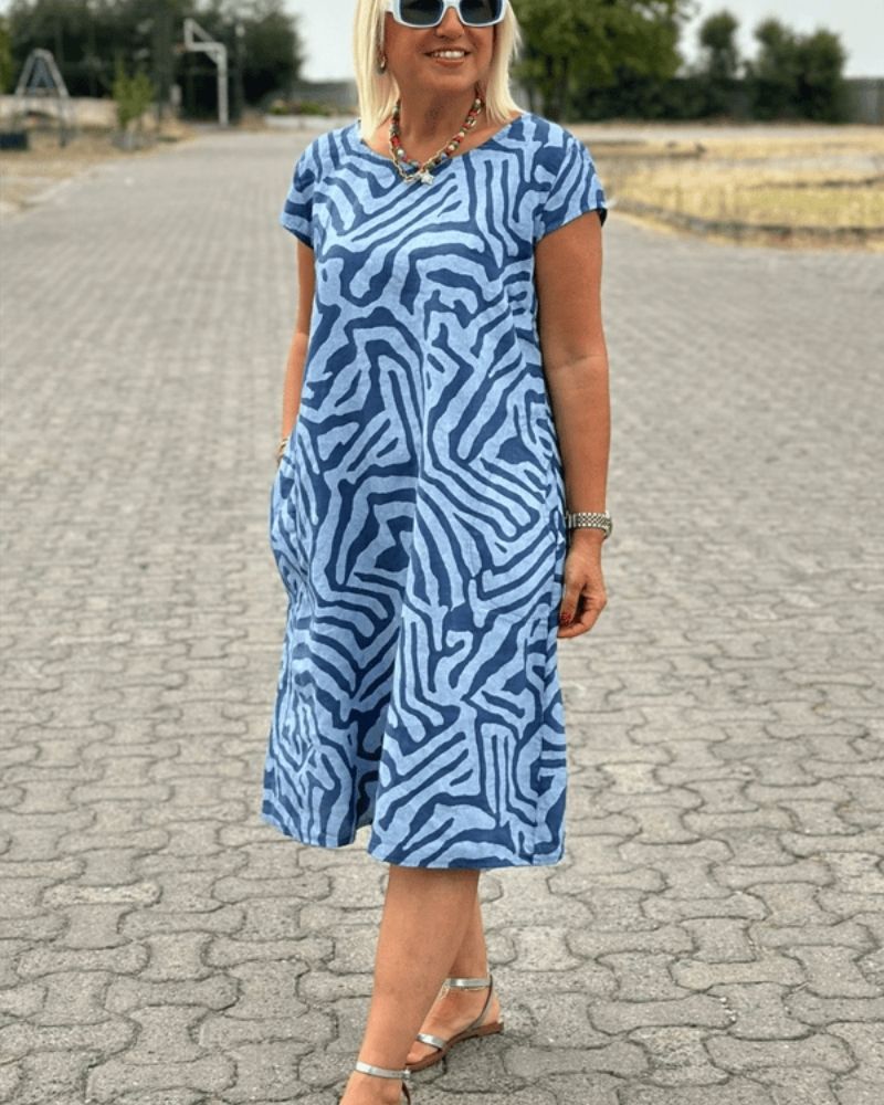 Robe d'été à col rond, manches courtes, imprimé zébré bleu sur fond bleu clair