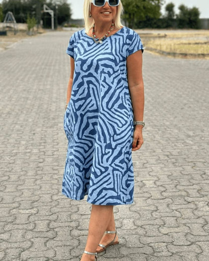 Robe d'été à col rond, manches courtes, imprimé zébré bleu sur fond bleu clair
