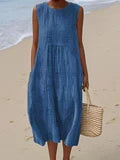 Robe d’été sans manches bleue, coupe ample, broderies ajourées