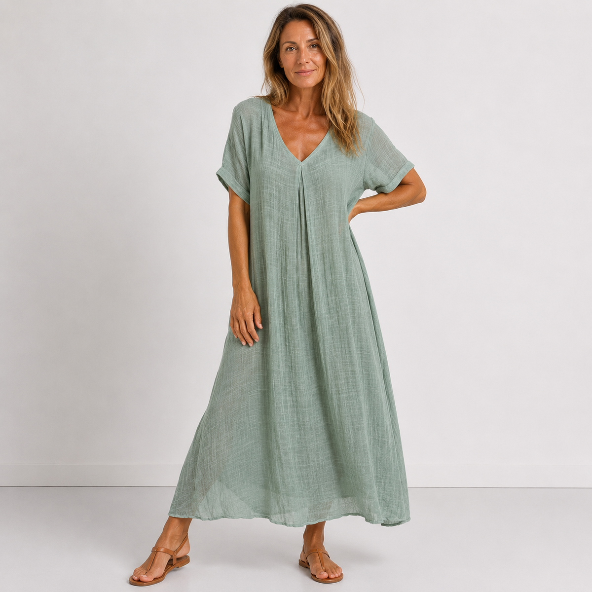 Robe longue fluide vert clair à encolure en V, coupe ample, finitions légères